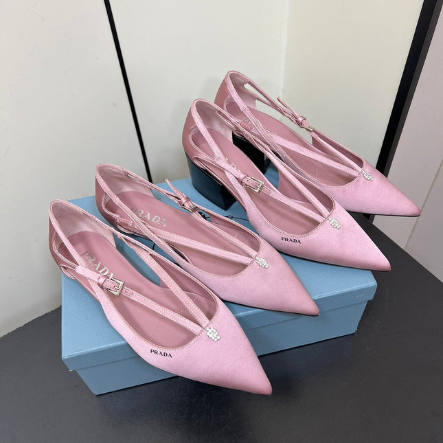 CUT-OUT PUMPS WITH BEAD BUCKLE IN BABY PINK SATIN
