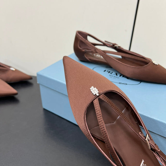 CUT-OUT BALLERINA FLAT IN CHOCOLATE BROWN SATIN ATTACHED BEAD BUCKLE