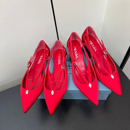 CUT-OUT BALLERINA FLAT IN CLASSIC RED SATIN ATTACHED BEAD BUCKLE