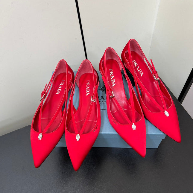 CUT-OUT BALLERINA FLAT IN CLASSIC RED SATIN ATTACHED BEAD BUCKLE