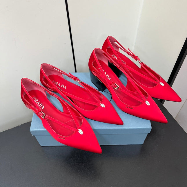 CUT-OUT BALLERINA FLAT IN CLASSIC RED SATIN ATTACHED BEAD BUCKLE