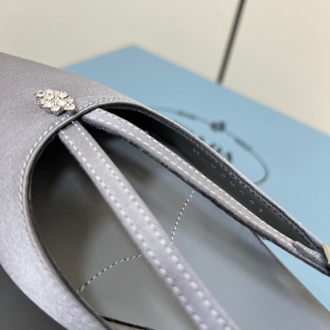 CUT-OUT BALLERINA FLAT IN WARM GRAY SATIN ATTACHED BEAD BUCKLE