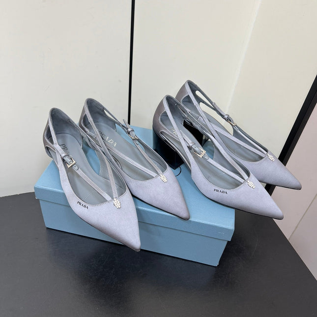 CUT-OUT BALLERINA FLAT IN WARM GRAY SATIN ATTACHED BEAD BUCKLE