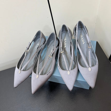 CUT-OUT BALLERINA FLAT IN WARM GRAY SATIN ATTACHED BEAD BUCKLE