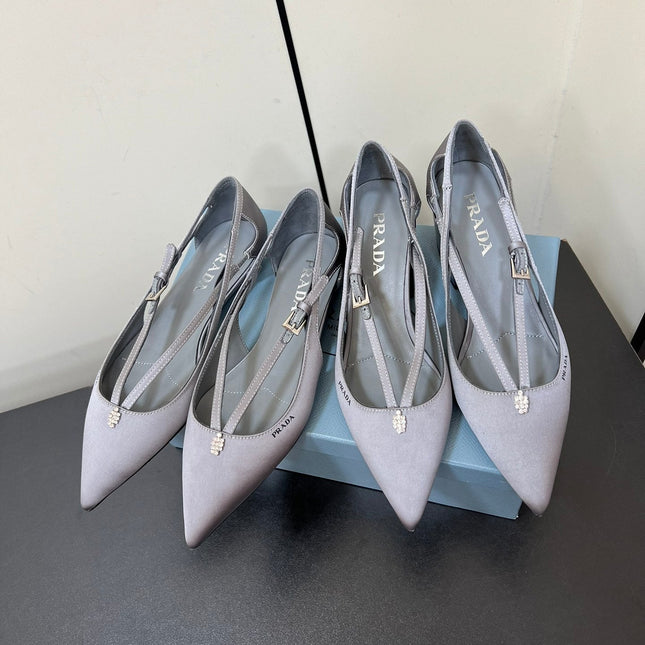 CUT-OUT BALLERINA FLAT IN WARM GRAY SATIN ATTACHED BEAD BUCKLE
