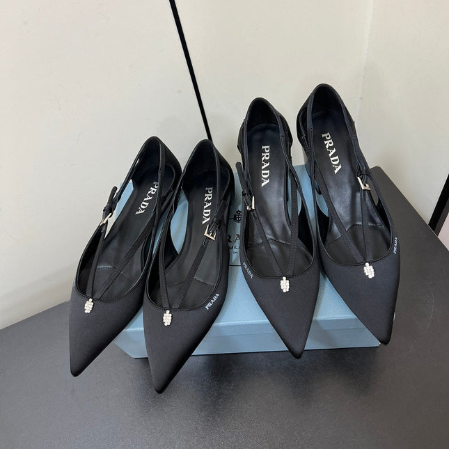 CUT-OUT BALLERINA FLAT IN BLACK SATIN ATTACHED BEAD BUCKLE