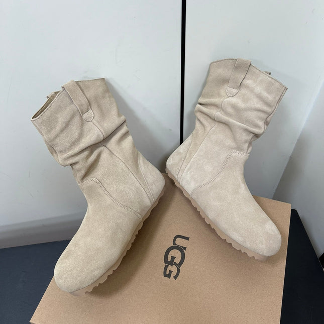 STACKED WRINKLE SHORT BOOTS IN KHAKI BROWN SUEDE