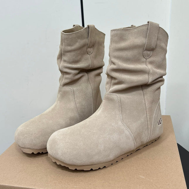 STACKED WRINKLE SHORT BOOTS IN KHAKI BROWN SUEDE