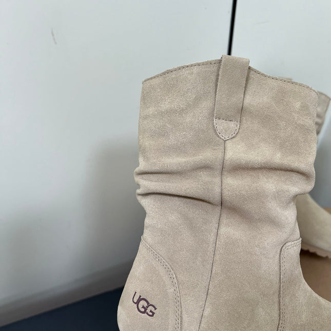 STACKED WRINKLE SHORT BOOTS IN KHAKI BROWN SUEDE