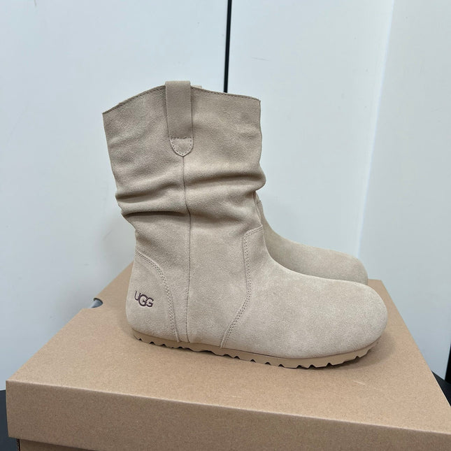 STACKED WRINKLE SHORT BOOTS IN KHAKI BROWN SUEDE