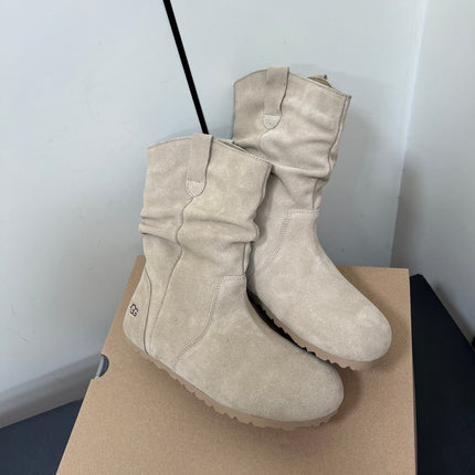 STACKED WRINKLE SHORT BOOTS IN KHAKI BROWN SUEDE