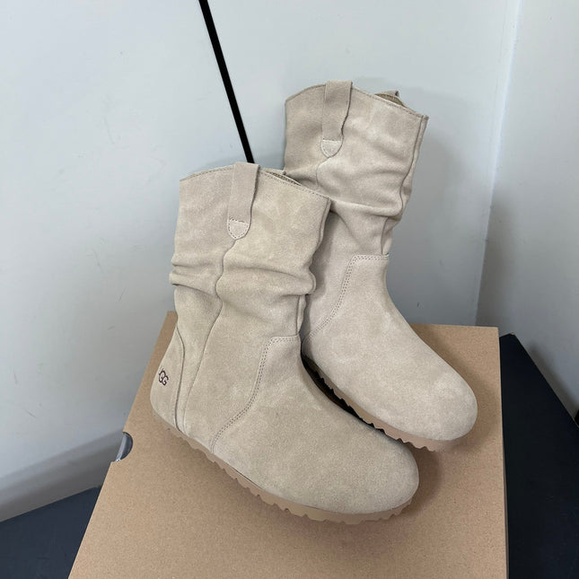 STACKED WRINKLE SHORT BOOTS IN KHAKI BROWN SUEDE