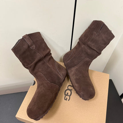 STACKED WRINKLE SHORT BOOTS IN HICKORY BROWN SUEDE