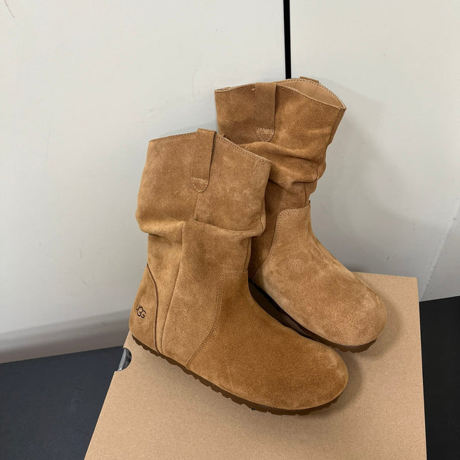 STACKED WRINKLE SHORT BOOTS IN CIDER BROWN SUEDE