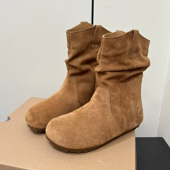 STACKED WRINKLE SHORT BOOTS IN CIDER BROWN SUEDE