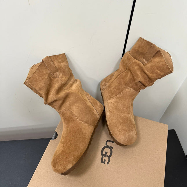 STACKED WRINKLE SHORT BOOTS IN CIDER BROWN SUEDE