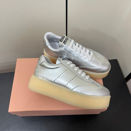 THICK-SOLED RETRO SNEAKERS IN SILVER METALLIC SMOOTH LAMBSKIN