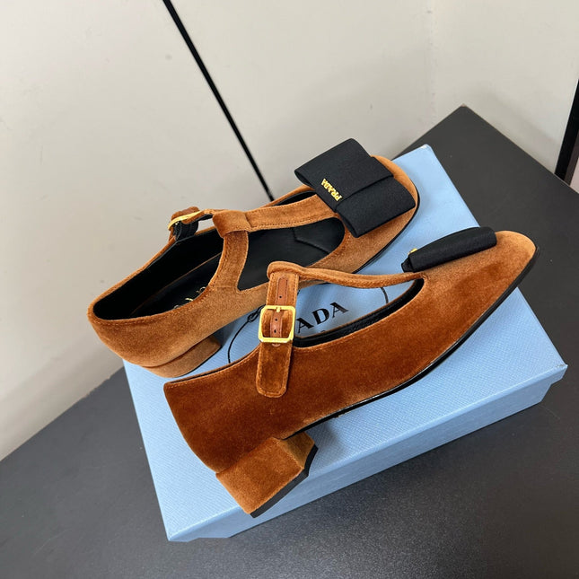 BOW MARY JANE PUMPS WITH T-STRAP IN BRONZE BROWN VELVET