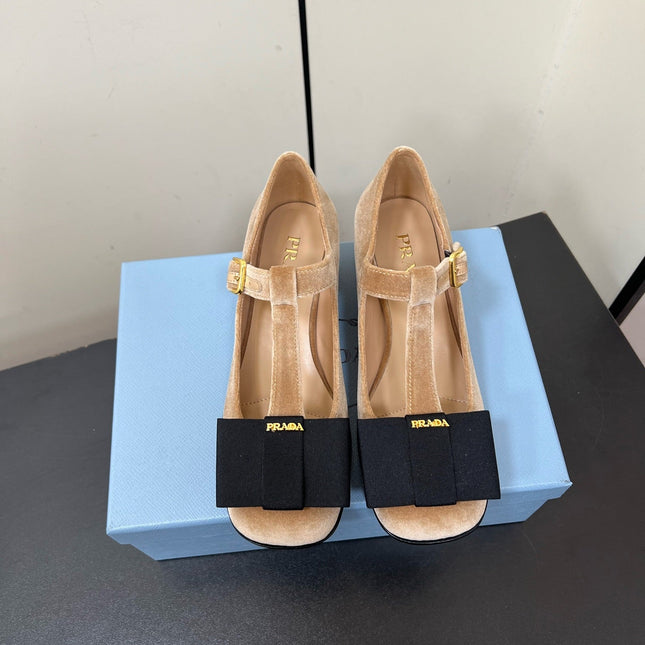 BOW MARY JANE PUMPS WITH T-STRAP IN PECAN PIE VELVET
