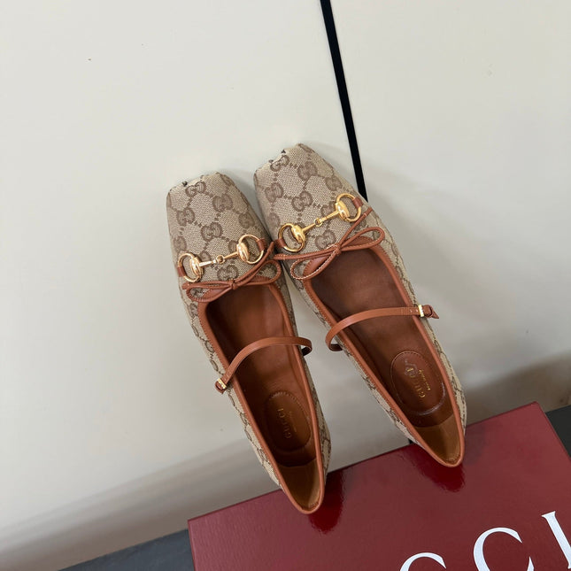 GG MARY JANE 25S IN MINK BROWN CANVAS MIX LAMBSKIN WITH GOLD HARDWARE