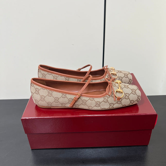 GG MARY JANE 25S IN MINK BROWN CANVAS MIX LAMBSKIN WITH GOLD HARDWARE