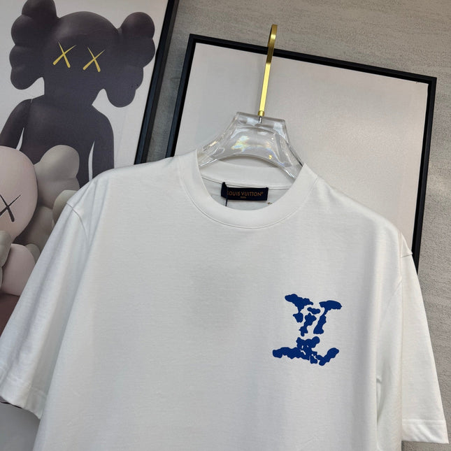 LV WHITE COTTON T-SHIRT BLUE STYLIZED LOGO 238917