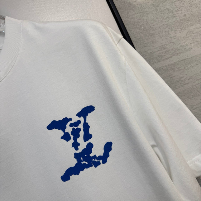 LV WHITE COTTON T-SHIRT BLUE STYLIZED LOGO 238917