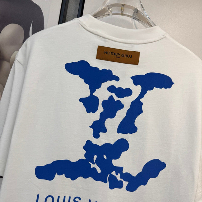 LV WHITE COTTON T-SHIRT BLUE STYLIZED LOGO 238917