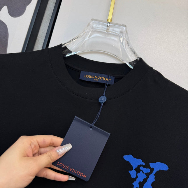 LV BLACK COTTON T-SHIRT BLUE STYLIZED LOGO 238916