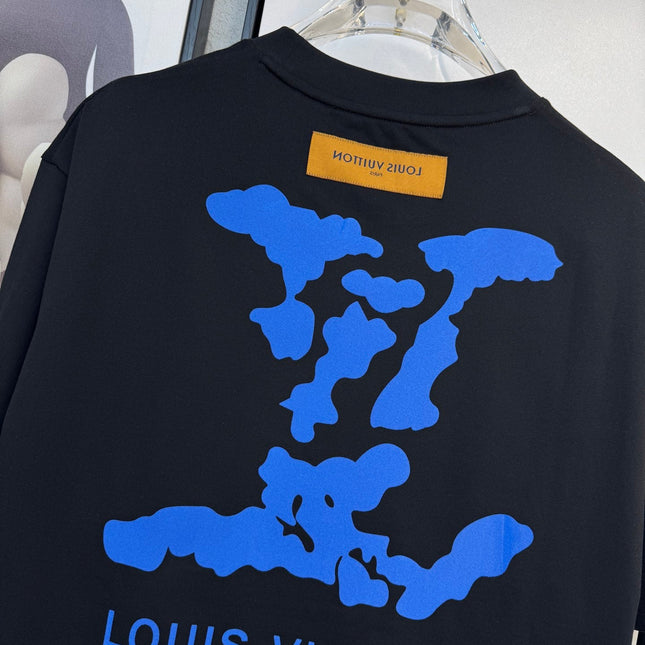 LV BLACK COTTON T-SHIRT BLUE STYLIZED LOGO 238916