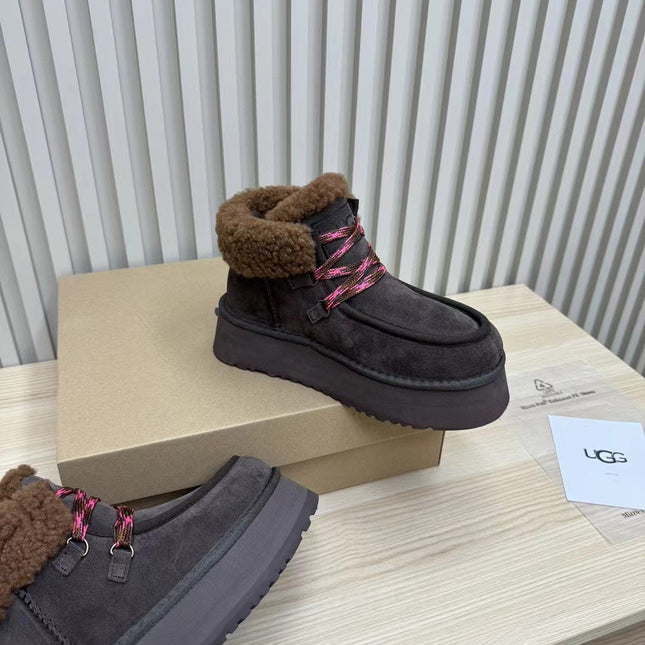 FUNKARRA CABIN CUFF HICKORY BROWN SUEDE AND LAMB FUR