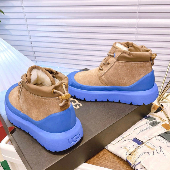 GENDER NEUMEL HIGH WEATHER HYBRID IN PEANUT BROWN SUEDE AND COBALT BLUE CALFSKIN