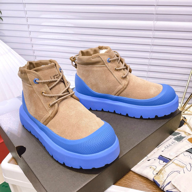 GENDER NEUMEL HIGH WEATHER HYBRID IN PEANUT BROWN SUEDE AND COBALT BLUE CALFSKIN