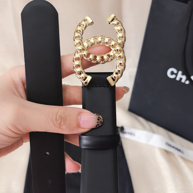DOUBLE C BELT 30MM IN BLACK CALFSKIN GOLD CHAIN BUCKLE