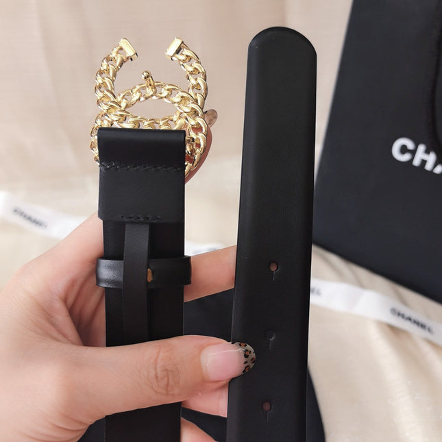 DOUBLE C BELT 30MM IN BLACK CALFSKIN GOLD CHAIN BUCKLE