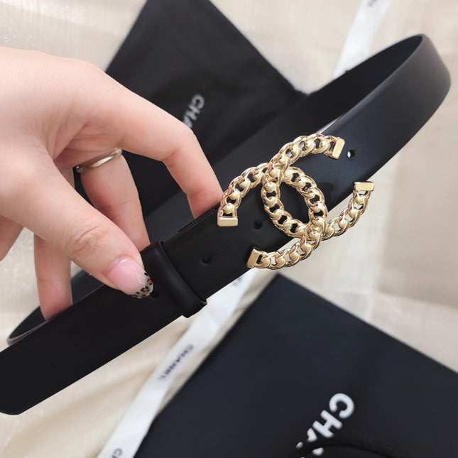 DOUBLE C BELT 30MM IN BLACK CALFSKIN GOLD CHAIN BUCKLE