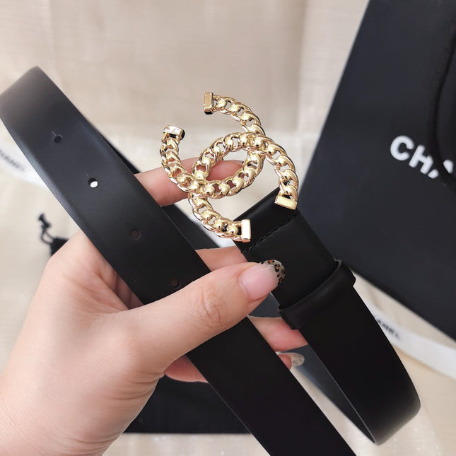 DOUBLE C BELT 30MM IN BLACK CALFSKIN GOLD CHAIN BUCKLE
