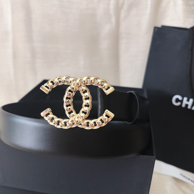 DOUBLE C BELT 30MM IN BLACK CALFSKIN GOLD CHAIN BUCKLE