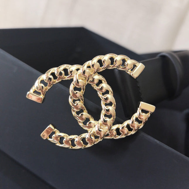 DOUBLE C BELT 30MM IN BLACK CALFSKIN GOLD CHAIN BUCKLE