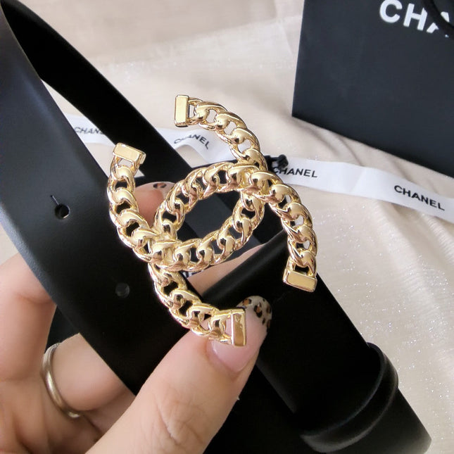 DOUBLE C BELT 30MM IN BLACK CALFSKIN GOLD CHAIN BUCKLE