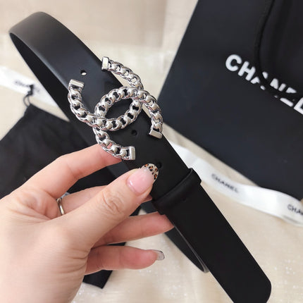 DOUBLE C BELT 30MM IN BLACK CALFSKIN SILVER CHAIN BUCKLE