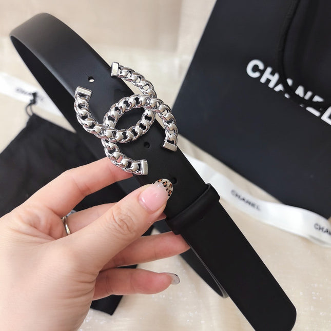 DOUBLE C BELT 30MM IN BLACK CALFSKIN SILVER CHAIN BUCKLE
