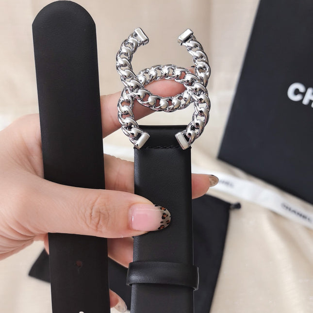 DOUBLE C BELT 30MM IN BLACK CALFSKIN SILVER CHAIN BUCKLE