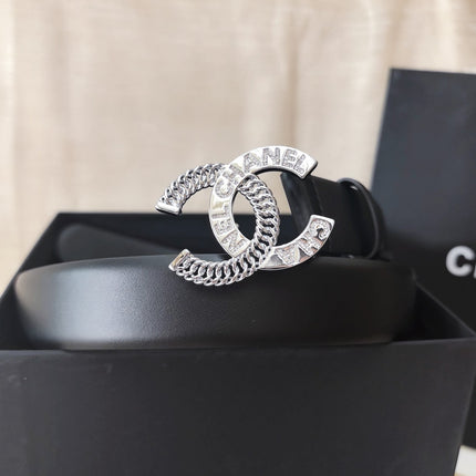 DOUBLE C CHAIN BELT 30MM IN BLACK CALFSKIN LOGO CRYSTAL GOLD BUCKLE