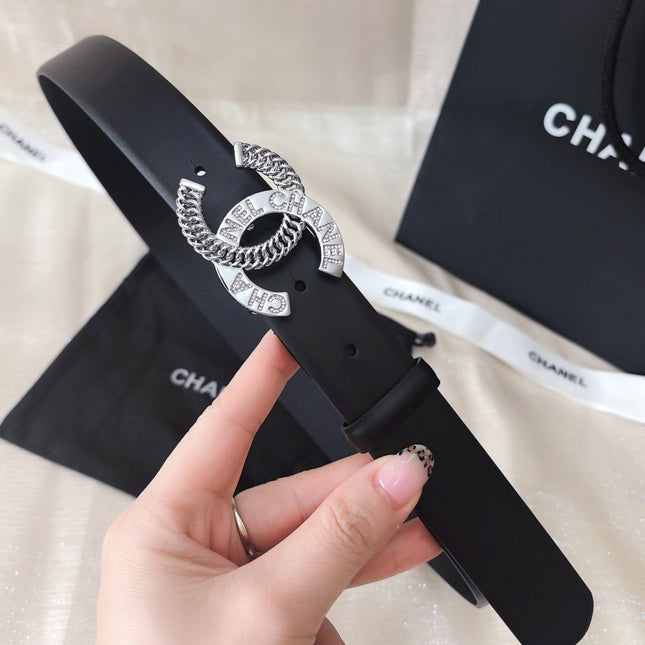 DOUBLE C CHAIN BELT 30MM IN BLACK CALFSKIN LOGO CRYSTAL GOLD BUCKLE