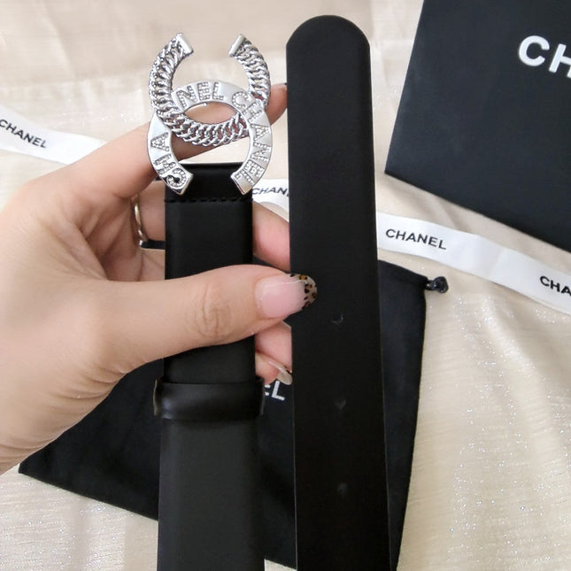 DOUBLE C CHAIN BELT 30MM IN BLACK CALFSKIN LOGO CRYSTAL GOLD BUCKLE