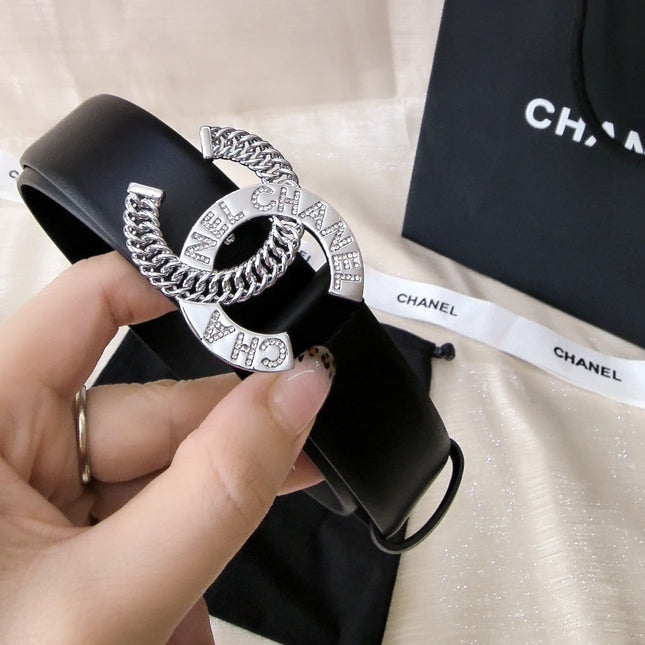 DOUBLE C CHAIN BELT 30MM IN BLACK CALFSKIN LOGO CRYSTAL GOLD BUCKLE