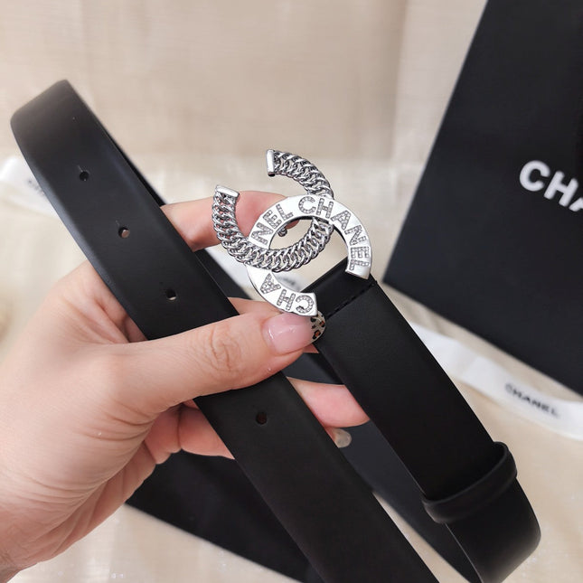 DOUBLE C CHAIN BELT 30MM IN BLACK CALFSKIN LOGO CRYSTAL GOLD BUCKLE