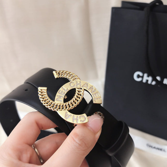 CC MEDIUM 30 MM BELT BLACK CALFSKIN GOLD HARDWARE WITH LETTER
