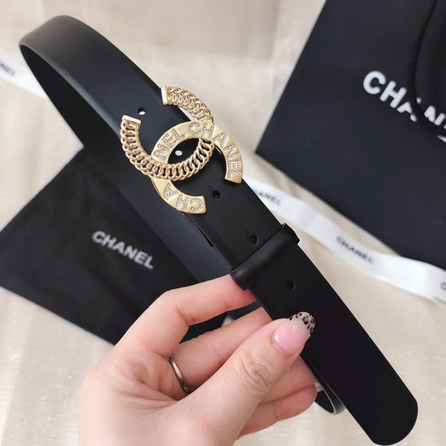 CC MEDIUM 30 MM BELT BLACK CALFSKIN GOLD HARDWARE WITH LETTER